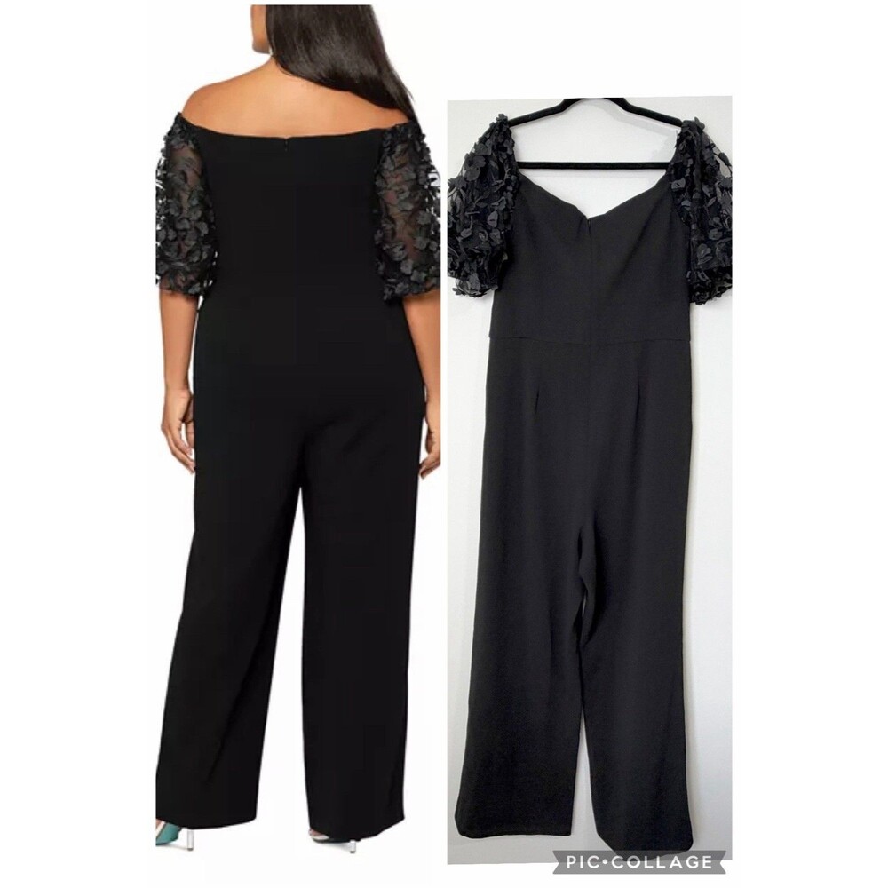 Xscape Jumpsuit Black Scuba Crepe Floral Puff Sleeves Wide Leg NWT Women’s 12 - Picture 2 of 14